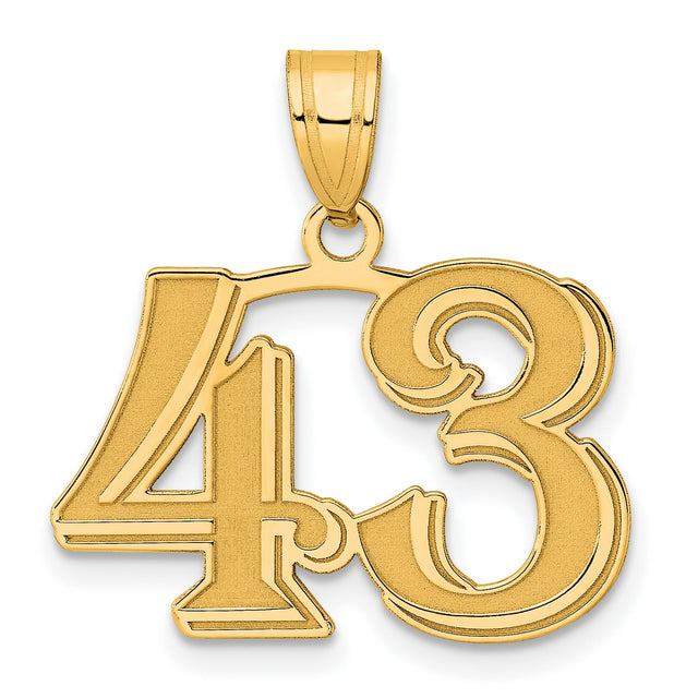 Polished Etched Number 43 Charm Pendant in Real 14k Yellow Gold