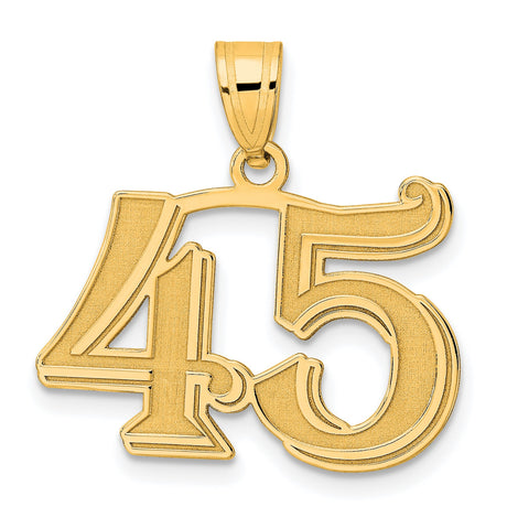 14k Yellow Gold Number 45 Pendant, Bold Etched Numerals with Textured Finish, Unisex Sports Charm