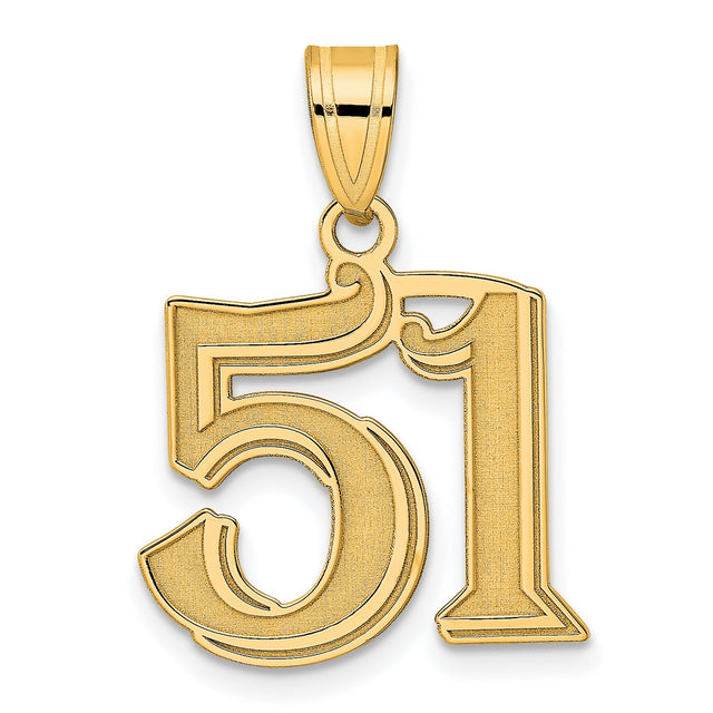 Polished Etched Number 51 Charm Pendant in Real 14k Yellow Gold