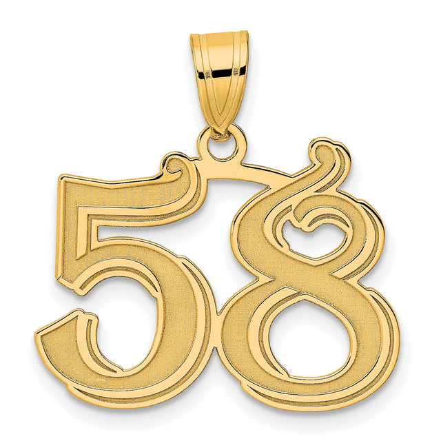 Polished Etched Number 58 Charm Pendant in Real 14k Yellow Gold