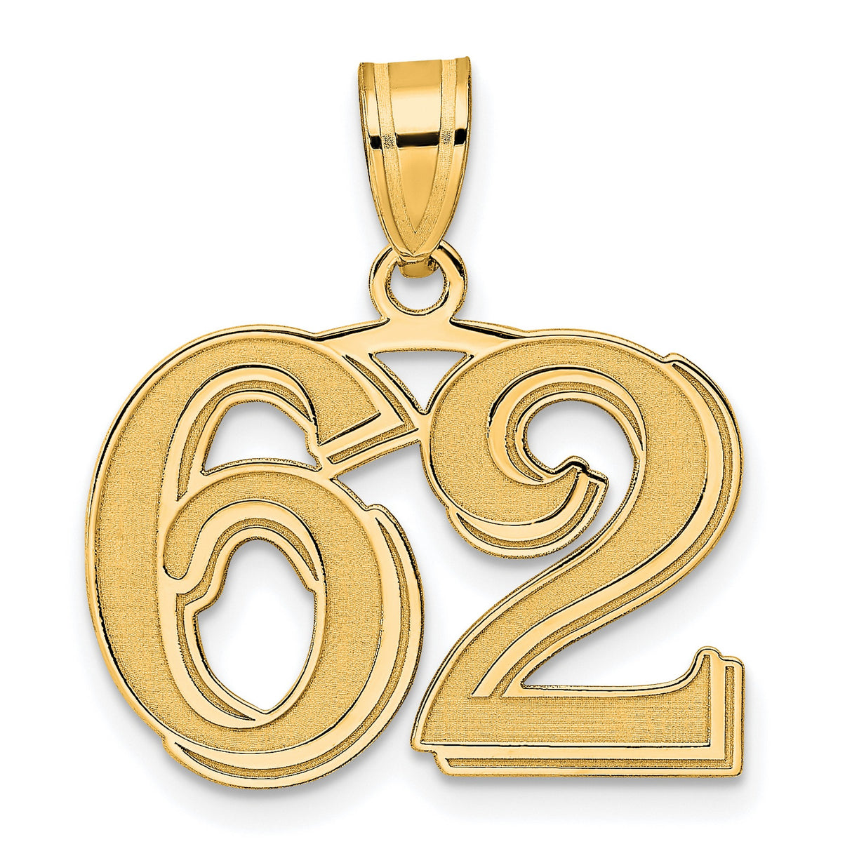 Polished Etched Number 62 Charm Pendant in Real 14k Yellow Gold
