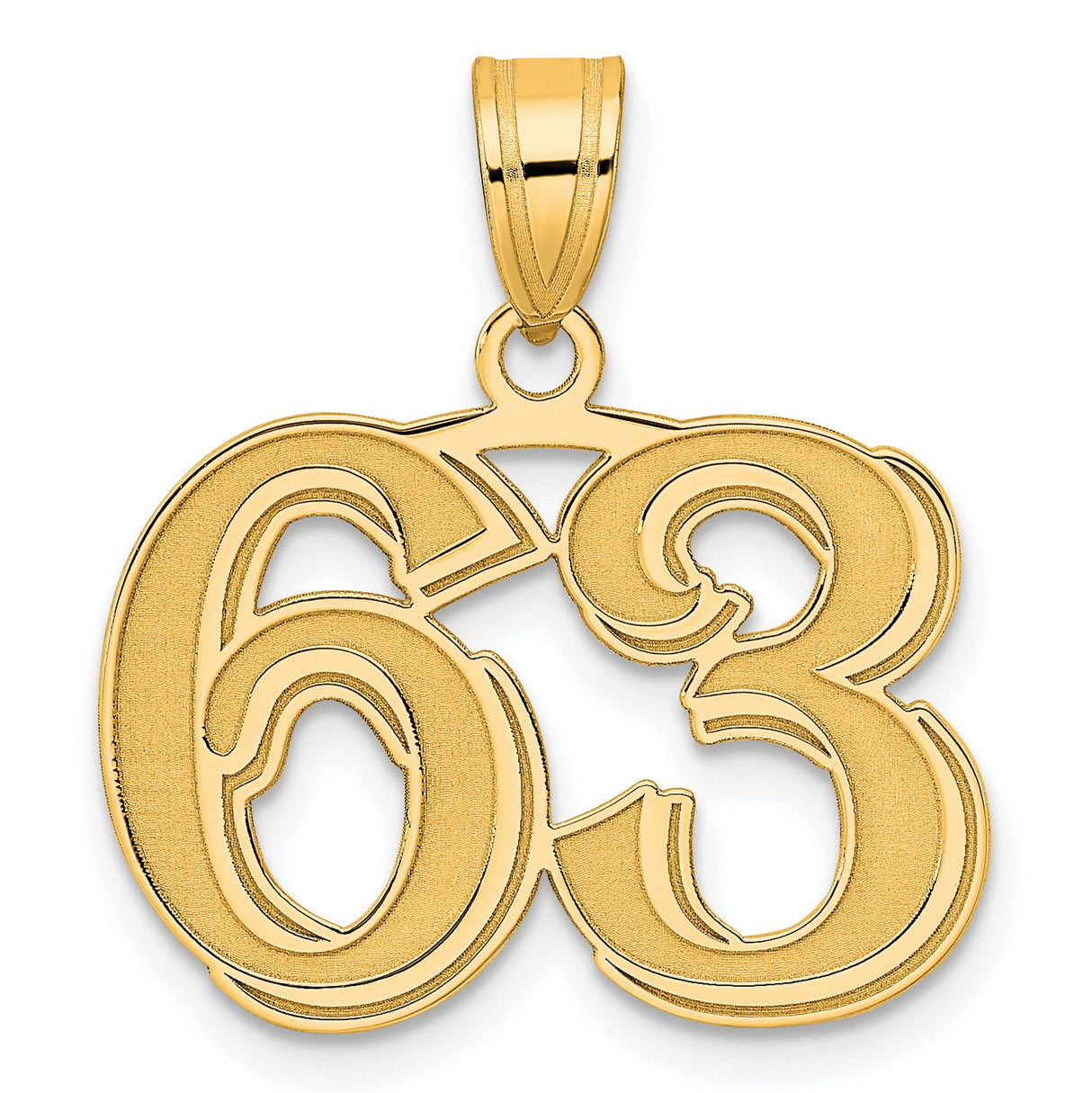 Polished Etched Number 63 Charm Pendant in Real 14k Yellow Gold