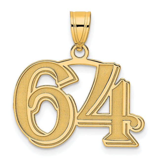 Polished Etched Number 64 Charm Pendant in Real 14k Yellow Gold