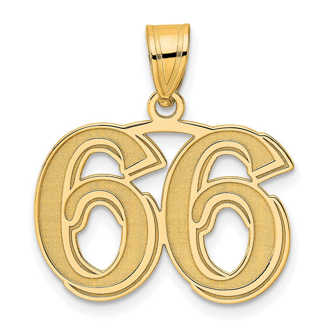 Polished Etched Number 66 Charm Pendant in Real 14k Yellow Gold