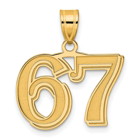 Polished Etched Number 67 Charm Pendant in Real 14k Yellow Gold