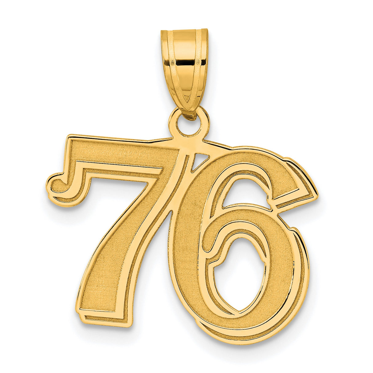 Polished Etched Number 76 Charm Pendant in Real 14k Yellow Gold