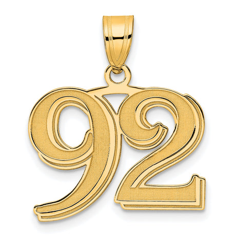 Polished Etched Number 92 Charm Pendant in Real 14k Yellow Gold