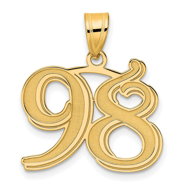 Polished Etched Number 98 Charm Pendant in Real 14k Yellow Gold