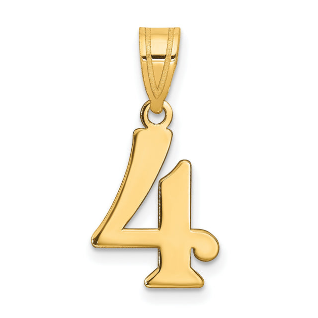 14k Yellow Gold Number 4 Pendant, Polished Serif Numeral Charm, Unisex Minimalist Jewelry