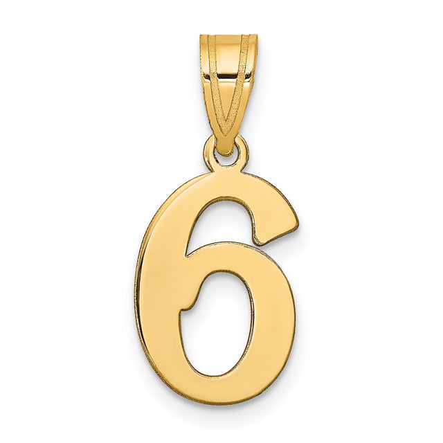14k Yellow Gold Number 6 Pendant Charm, Polished Numeric Design, Unisex Jewelry