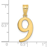 14k Yellow Gold Number 9 Pendant, Sleek Polished Design, Minimalist Numeric Charm for Women or Unisex Wear
