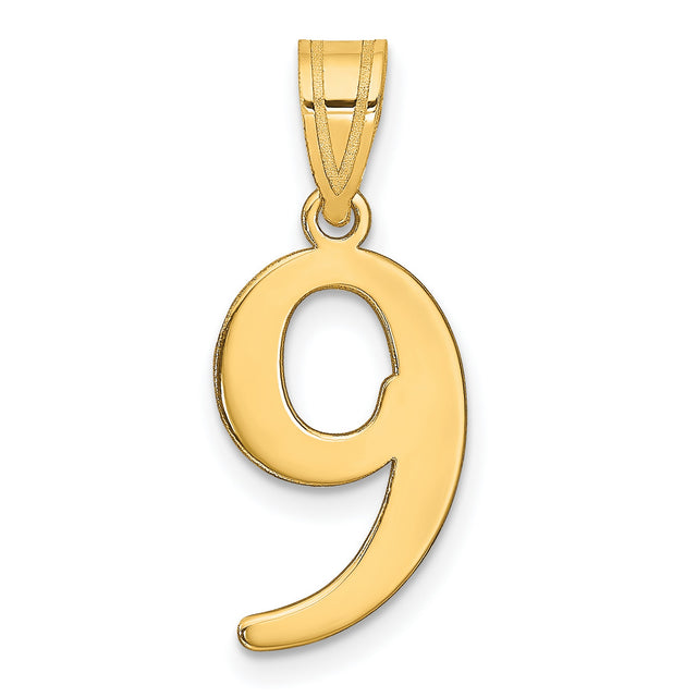 14k Yellow Gold Number 9 Pendant, Sleek Polished Design, Minimalist Numeric Charm for Women or Unisex Wear