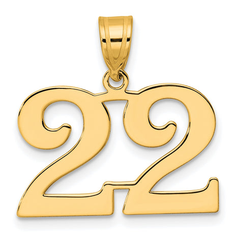 Polished Number 22 Charm Pendant in Real 14k Yellow Gold