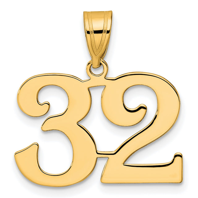 Polished Number 32 Charm Pendant in Real 14k Yellow Gold