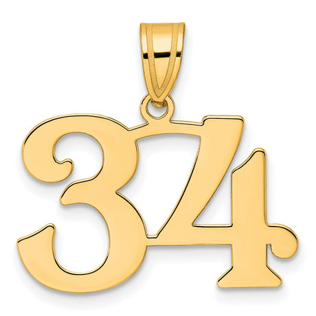 Polished Number 34 Charm Pendant in Real 14k Yellow Gold