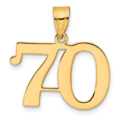 14k Yellow Gold Number 70 Pendant, Bold Polished Numeric Charm for Women or Unisex Wear