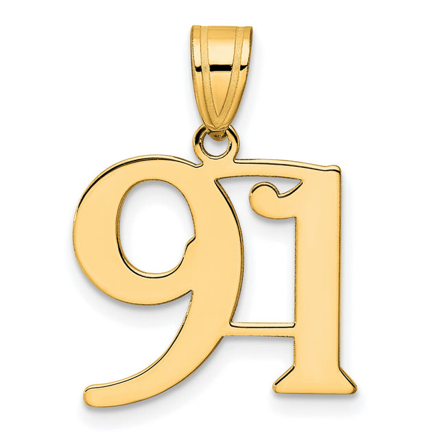 Polished Number 91 Charm Pendant in Real 14k Yellow Gold