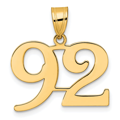 Polished Number 92 Charm Pendant in Real 14k Yellow Gold