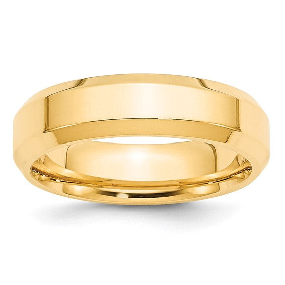 14K Yellow Gold Beveled Edge Classic Wedding Band, Solid Comfort Fit 6mm Ring