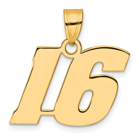 Polished Block Number 16 Charm Pendant in Real 14k Yellow Gold