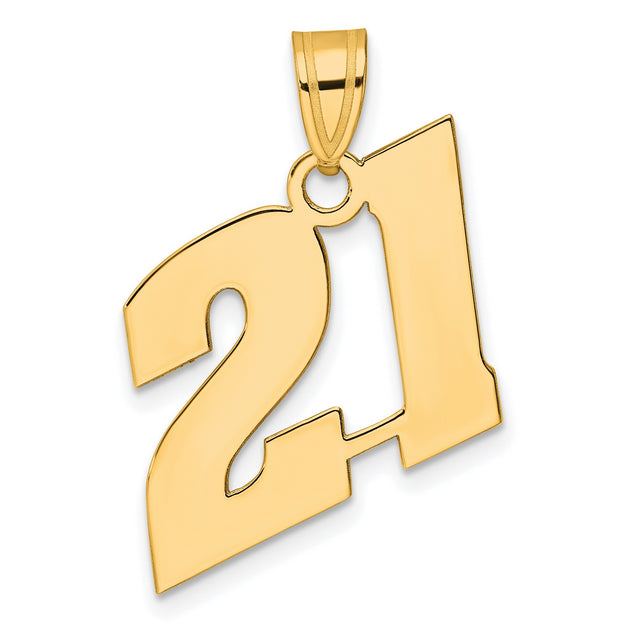 Polished Block Number 21 Charm Pendant in Real 14k Yellow Gold