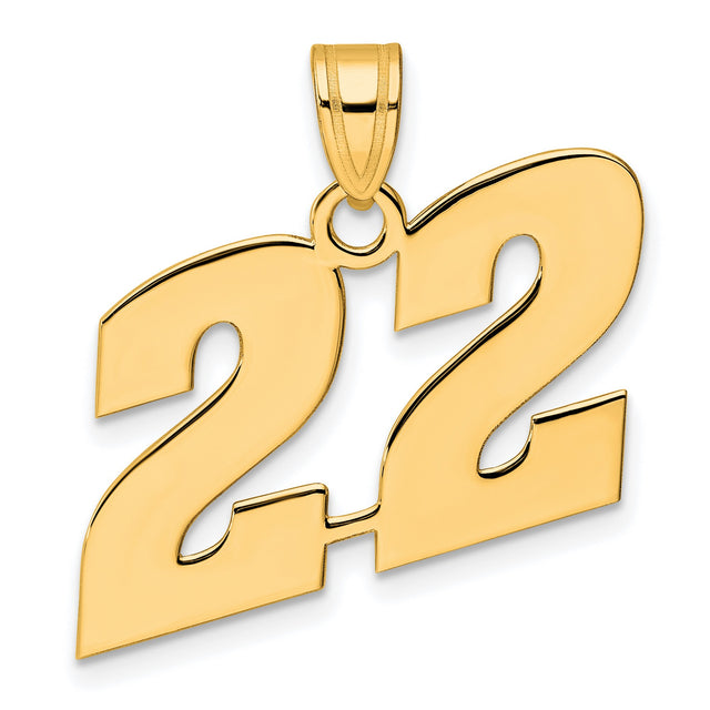 Polished Block Number 22 Charm Pendant in Real 14k Yellow Gold