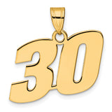 Polished Block Number 30 Charm Pendant in Real 14k Yellow Gold