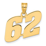 Polished Block Number 62 Charm Pendant in Real 14k Yellow Gold