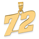 Polished Block Number 72 Charm Pendant in Real 14k Yellow Gold