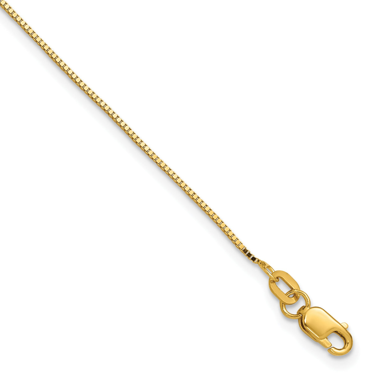 14K Yellow Gold 0.9 mm Box Chain Anklet, Polished detail view