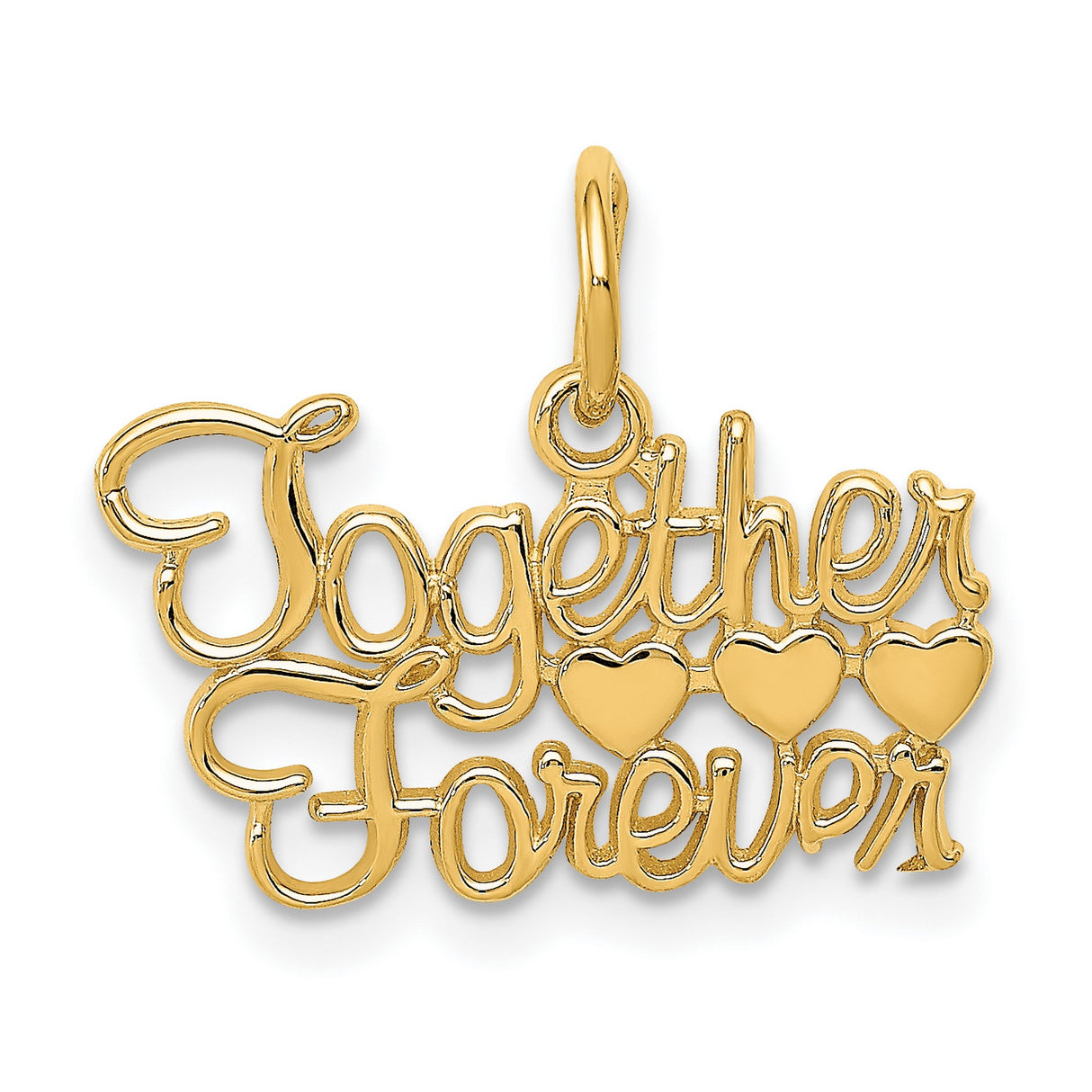 14k Yellow Gold Pendant with Three Heart Design, Together Forever Script, Romantic Love Charm