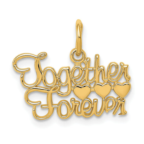 14k Yellow Gold Pendant with Three Heart Design, Together Forever Script, Romantic Love Charm