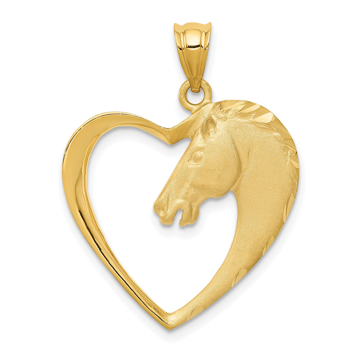 14k Yellow Gold Heart Horse Head Pendant with Detailed Equine Design for Women