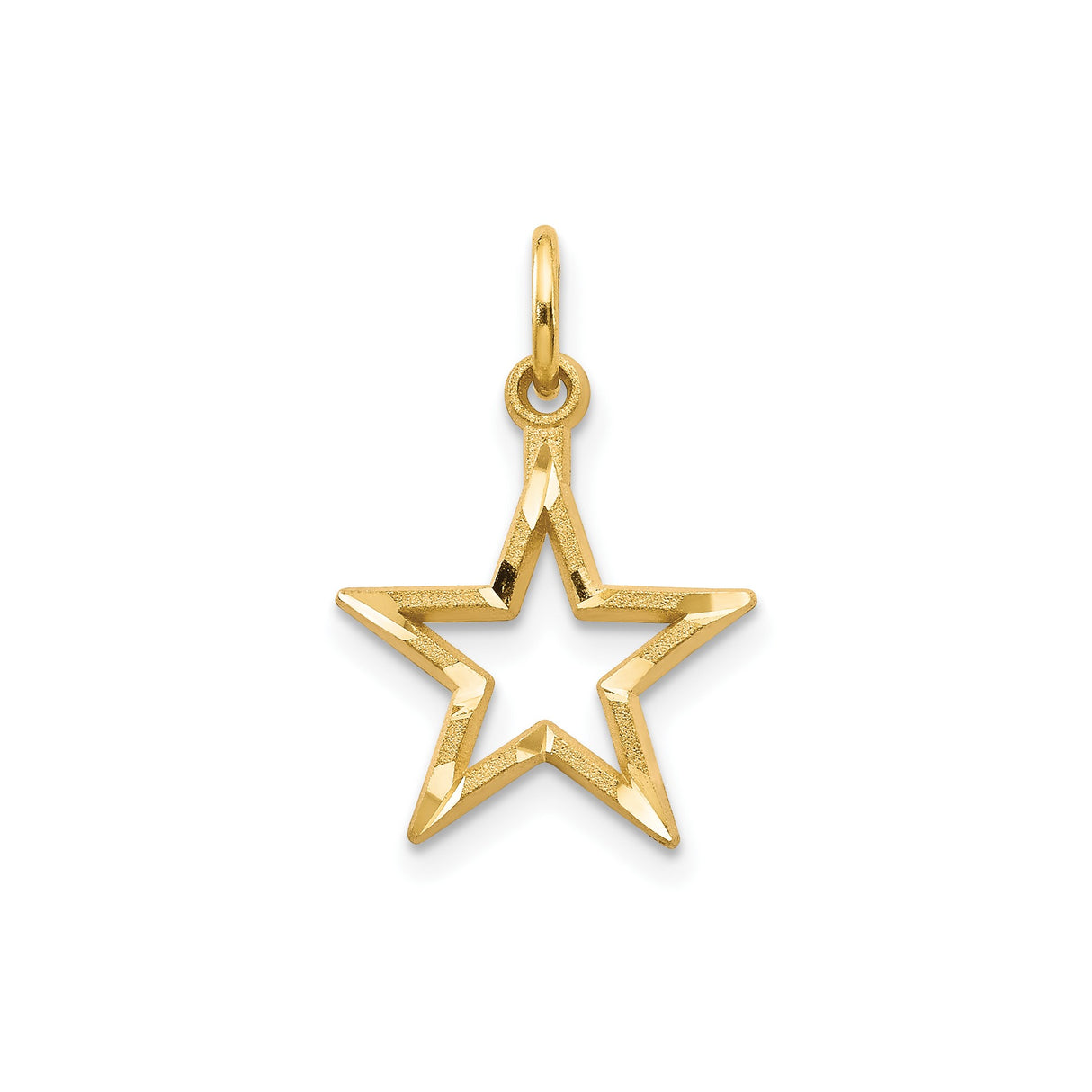 14k Yellow Gold Star Pendant, Five-Point Open Star Charm with Polished and Textured Finish