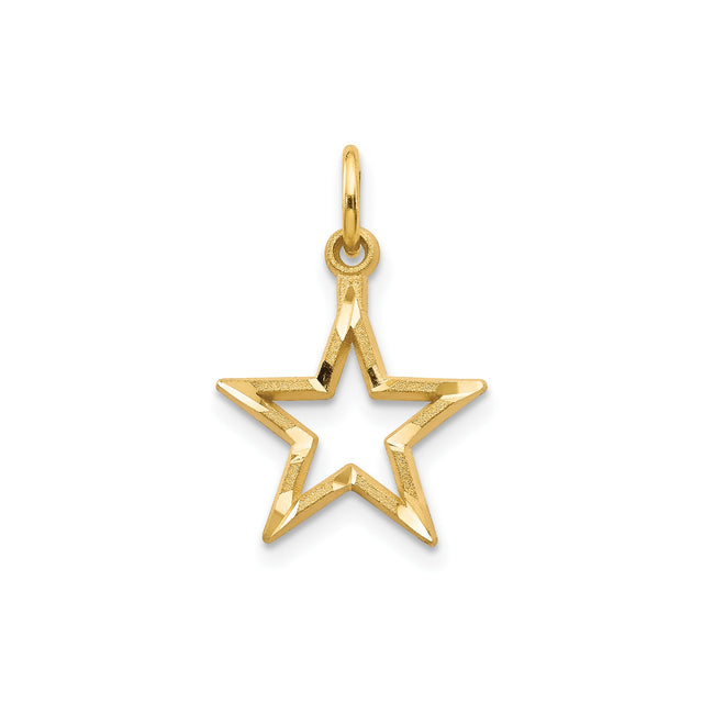 14k Yellow Gold Star Pendant, Five-Point Open Star Charm with Polished and Textured Finish