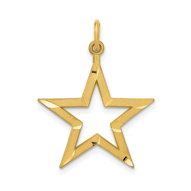14k Yellow Gold Open Star Pendant, Textured and Polished Five-Point Design Charm