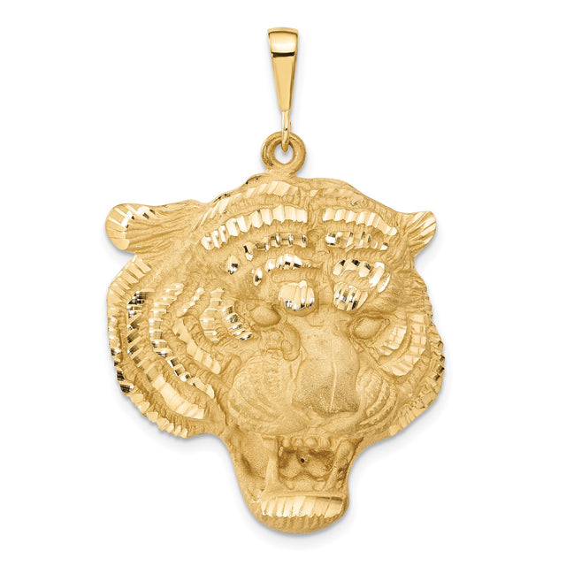 14k Yellow Gold Tiger Head Pendant, Textured Jungle Motif for Men and Unisex Wear