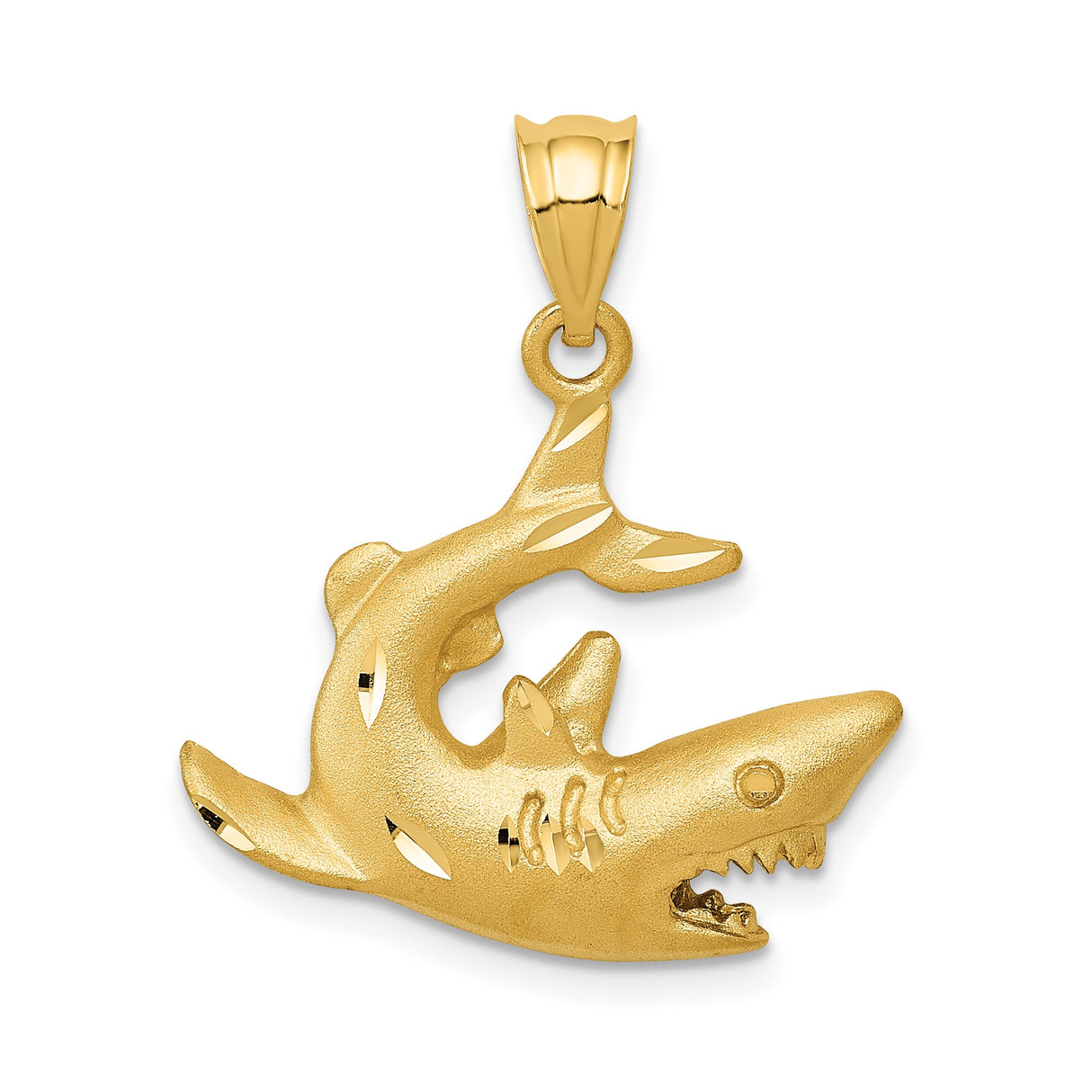 14k Yellow Gold Shark Pendant with Textured Open Mouth Design, Nautical Theme Jewelry