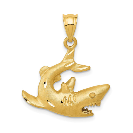14k Yellow Gold Shark Pendant with Textured Open Mouth Design, Nautical Theme Jewelry