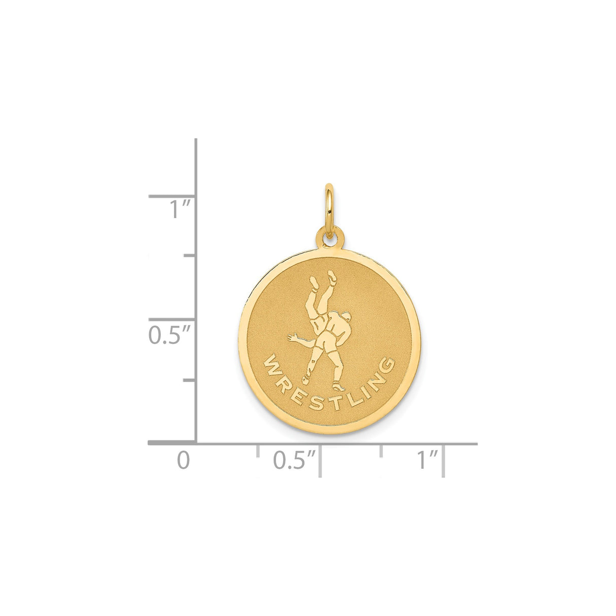 14k Yellow Gold Wrestling Pendant, Medal Style with Two Athletes and WRESTLING Text