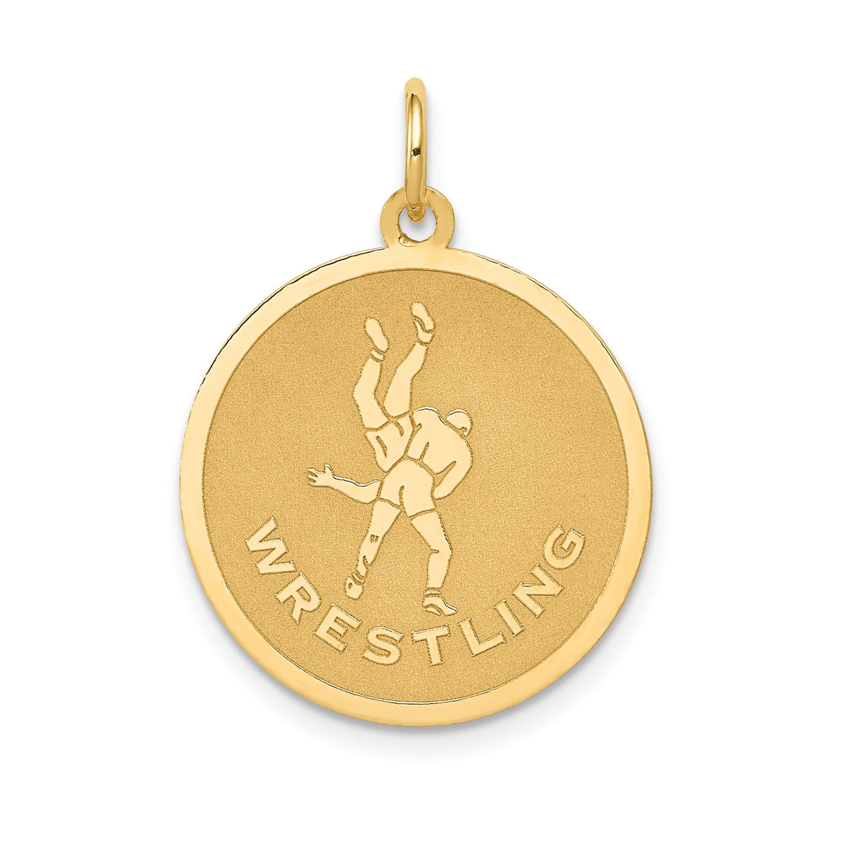 14k Yellow Gold Wrestling Pendant, Medal Style with Two Athletes and WRESTLING Text