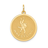 14k Yellow Gold Wrestling Pendant, Medal Style with Two Athletes and WRESTLING Text