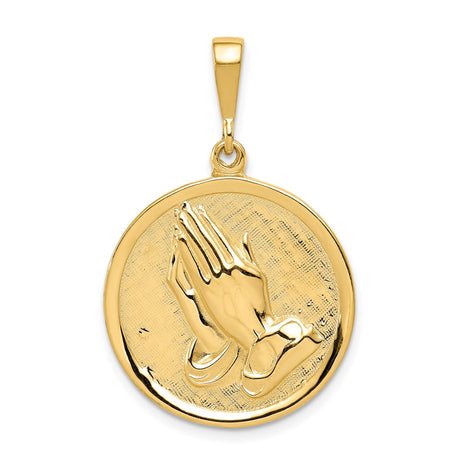 14k Yellow Gold Pendant with Raised Praying Hands, Christian Religious Charm for Men and Women