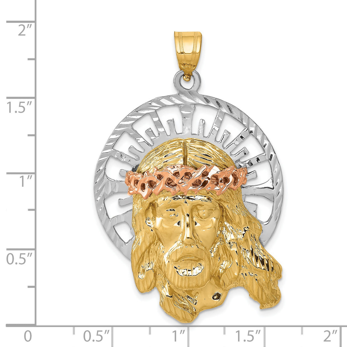 Polished Face Of Jesus with Crown and Halo Charm Pendant in Real 14k Multi-Tone Gold