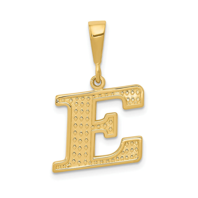 14k Yellow Gold Letter E Pendant, Textured Block Monogram Charm for Women or Unisex Wear