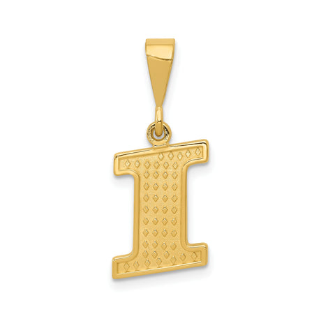 14k Yellow Gold Letter I Pendant, Textured Diamond-Cut Block Initial Charm, Unisex Monogram Jewelry