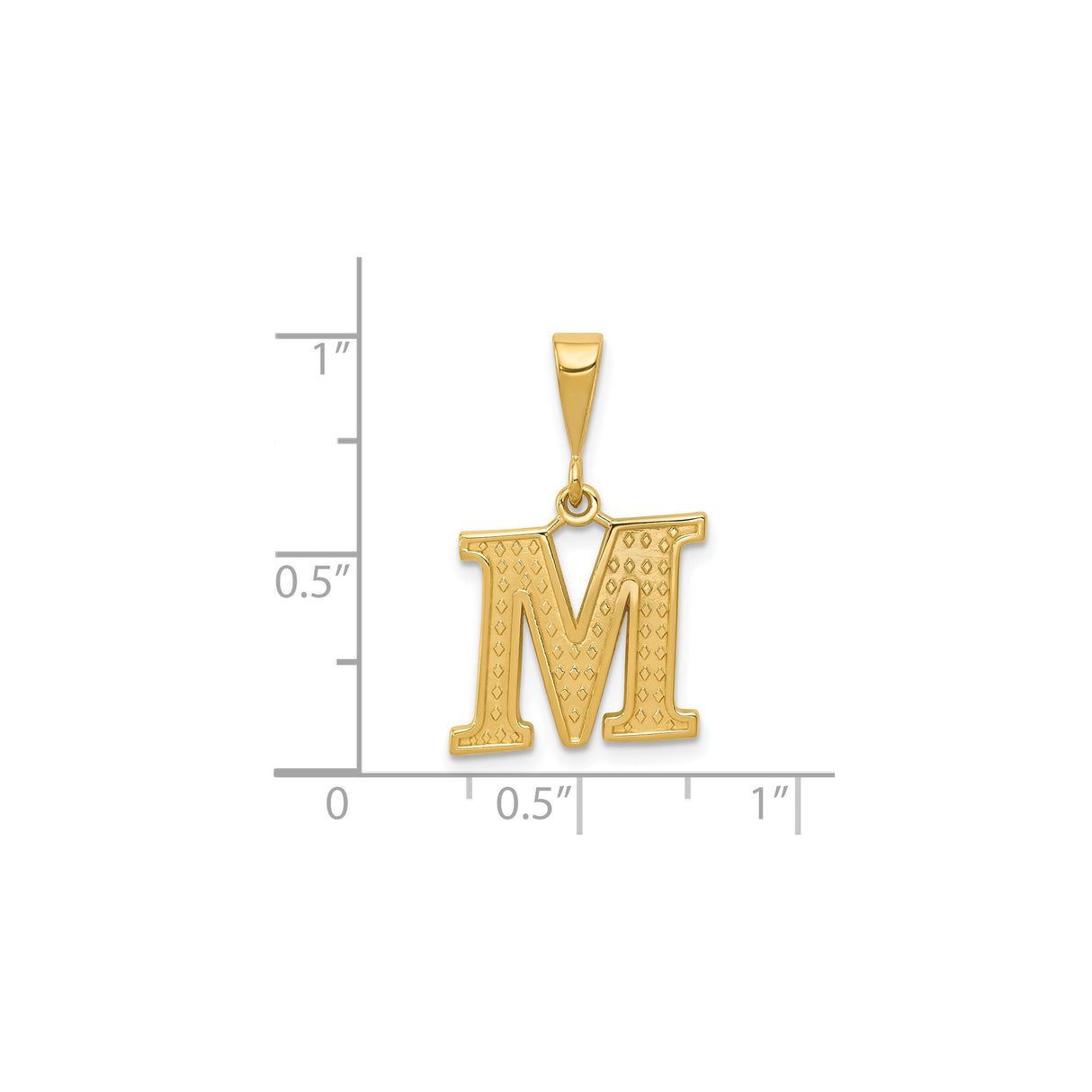 14k Yellow Gold Letter M Pendant, Textured Diamond Cut Alphabet Charm for Women or Unisex Wear