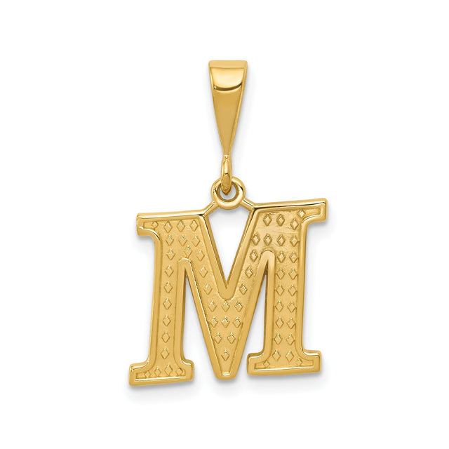 14k Yellow Gold Letter M Pendant, Textured Diamond Cut Alphabet Charm for Women or Unisex Wear