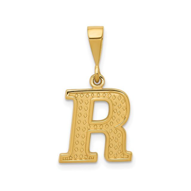 14k Yellow Gold Letter R Pendant with Diamond Cut Textured Finish, Unisex Alphabet Charm