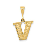 14k Yellow Gold Letter V Pendant, Textured Diamond Cut Block Initial Charm, Unisex Alphabet Jewelry